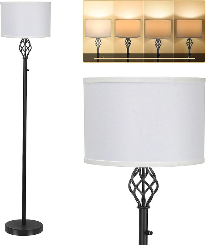 Floor Lamps for Living Room, Standing Lamp, Stepless Dimmable Floor Lamp with White Linen Shade, Rotary Switch, 2700K 10W Bulb Included, Modern Floor Lamp for Bedroom, Reading Tall Lamp for Office - LeafyLoom