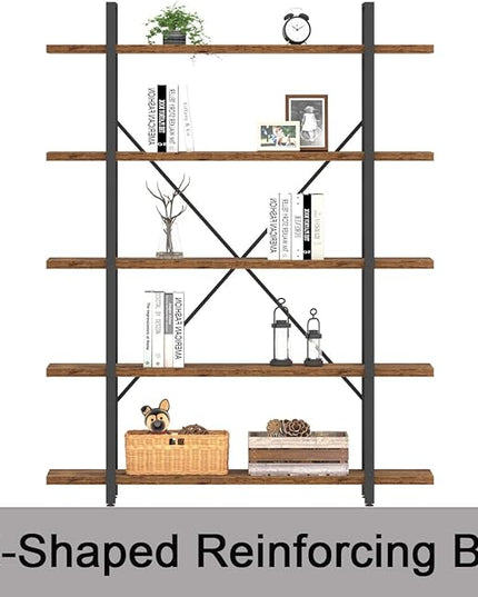 HSH Rustic Bookcases and Book Shelves 5 Shelf, Metal Wood 5 Tier Bookshelf and Storage Book Rack, Vintage Large Book Shelf for Bedroom Living Room Office,Open Vertical Display Etagere Book Case, Brown - LeafyLoom