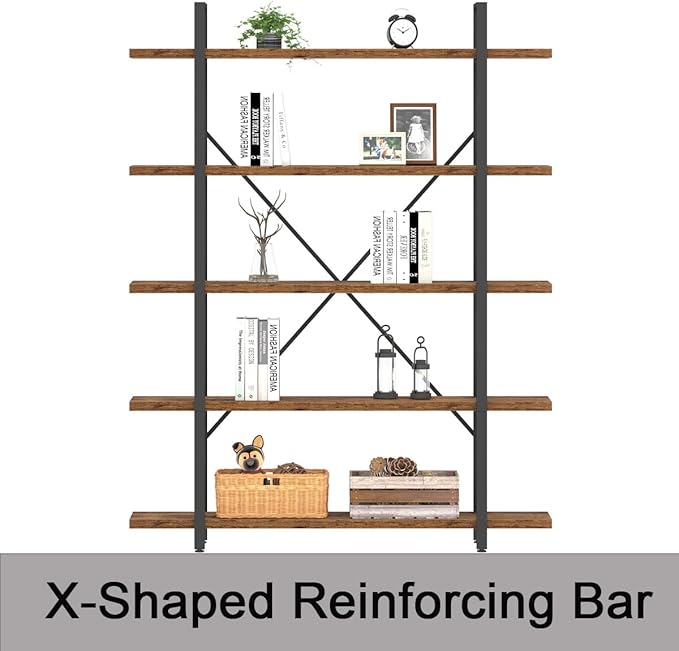 HSH Rustic Bookcases and Book Shelves 5 Shelf, Metal Wood 5 Tier Bookshelf and Storage Book Rack, Vintage Large Book Shelf for Bedroom Living Room Office,Open Vertical Display Etagere Book Case, Brown - LeafyLoom
