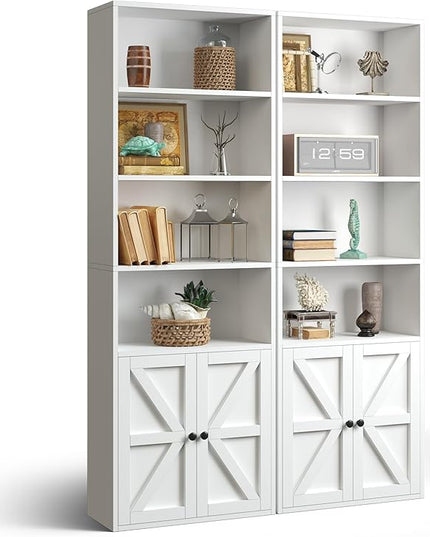 oneinmil 6 Tier Bookcase Set of 2,Wooden Bookshelves with Cabinet Doors, Floor Bookshelf and Office Storage Cabinets for Home Office, Living Room,White - LeafyLoom