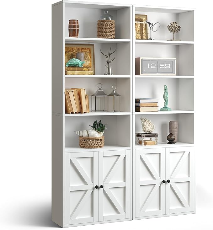 oneinmil 6 Tier Bookcase Set of 2,Wooden Bookshelves with Cabinet Doors, Floor Bookshelf and Office Storage Cabinets for Home Office, Living Room,White - LeafyLoom
