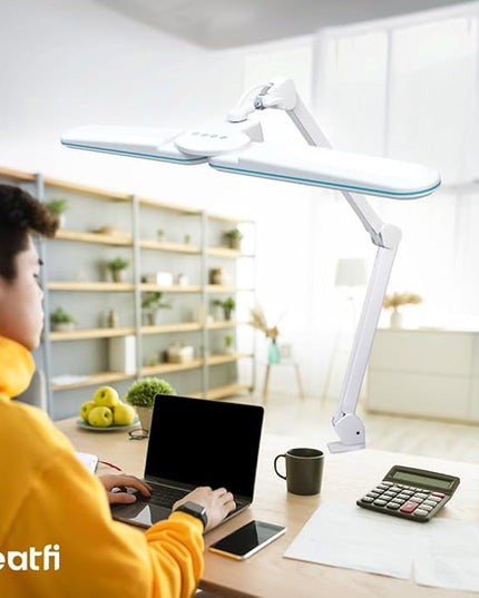 Neatfi Elite HD XL Task Lamp, 3 Light Modes, 90PCS SMD LED, Super Bright Desk Lamp, Eye-Caring LED Lamp, Non-Polar Dimming, Adjustable Brightness Levels (CCT with Clamp, Blue Ring, 17 Inches) - LeafyLoom