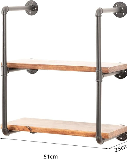 Industrial Wall Mounted Pipe Shelving,Rustic Metal Floating Shelves,Steampunk Real Wood Bookcases,DIY Bookshelf Hanging Shelves,Farmhouse Kitchen Bar Office Home Storage (3-Tier with 2 Boards,24in) - LeafyLoom