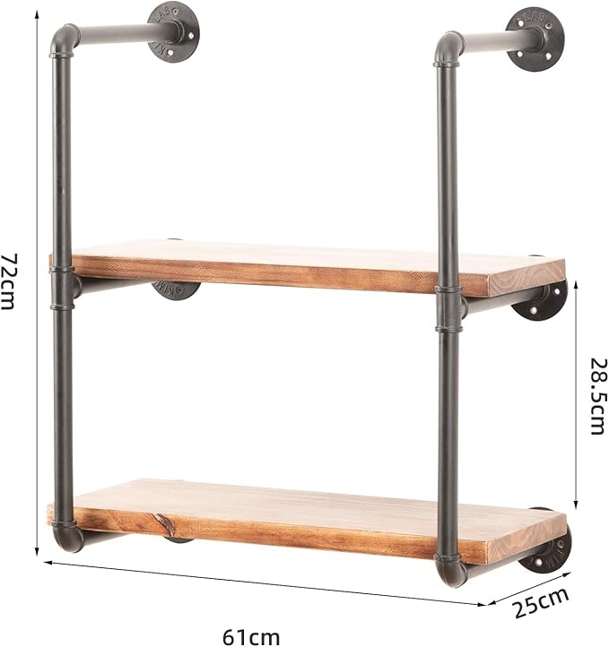 Industrial Wall Mounted Pipe Shelving,Rustic Metal Floating Shelves,Steampunk Real Wood Bookcases,DIY Bookshelf Hanging Shelves,Farmhouse Kitchen Bar Office Home Storage (3-Tier with 2 Boards,24in) - LeafyLoom