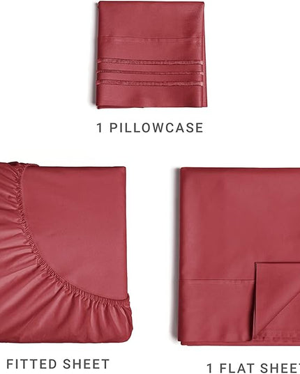 Twin XL Size 3 Piece Sheet Set - Comfy Breathable & Cooling Sheets - Hotel Luxury Bed Sheets for Women & Men - Deep Pockets, Easy-Fit, Soft & Wrinkle Free Sheets - Burgundy Oeko-Tex Bed Sheet Set - LeafyLoom