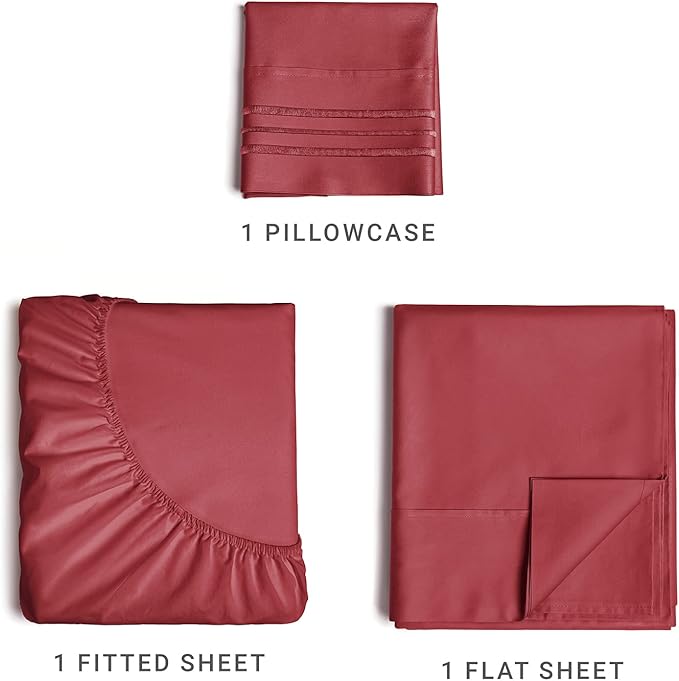 Twin XL Size 3 Piece Sheet Set - Comfy Breathable & Cooling Sheets - Hotel Luxury Bed Sheets for Women & Men - Deep Pockets, Easy-Fit, Soft & Wrinkle Free Sheets - Burgundy Oeko-Tex Bed Sheet Set - LeafyLoom