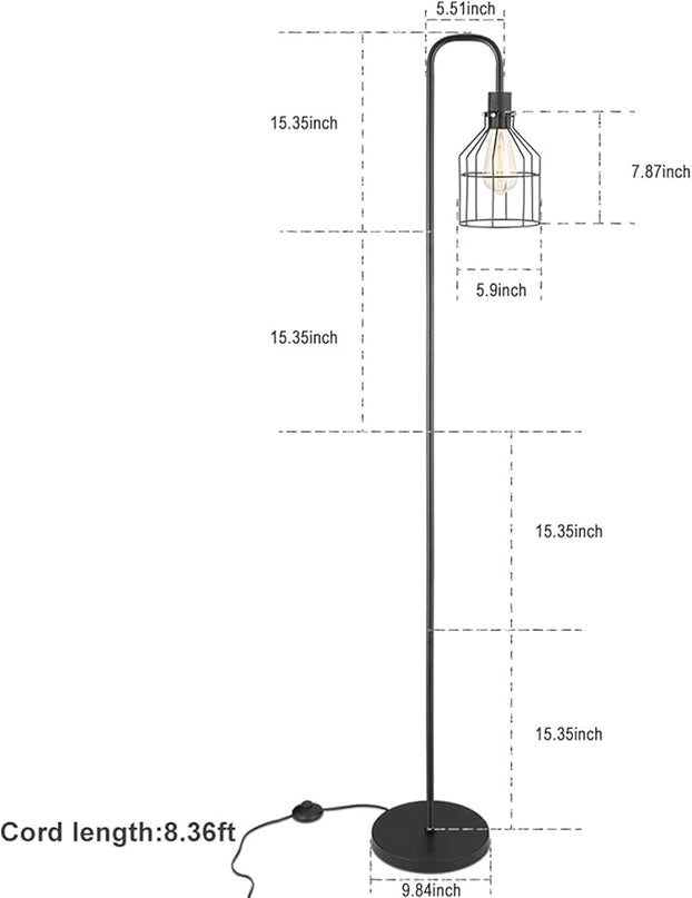 Industrial Frosted Black Floor Lamp with Cage Lampshade,On-Off Switch,Modern Indoor Pole Light for Bedroom,Living Room,Study Room or Offices (Black) - LeafyLoom