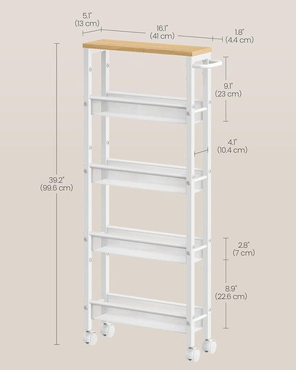 VASAGLE Slim Rolling Cart, 5-Tier Storage Cart, Narrow Cart with Handle, 5.1 Inches Deep, Metal Frame, for Kitchen, Dining Room, Living Room, Home Office, Oak Beige and White ULRC034W09 - LeafyLoom