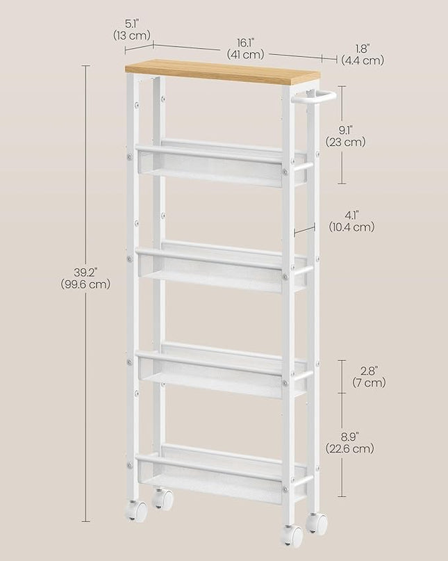 VASAGLE Slim Rolling Cart, 5-Tier Storage Cart, Narrow Cart with Handle, 5.1 Inches Deep, Metal Frame, for Kitchen, Dining Room, Living Room, Home Office, Oak Beige and White ULRC034W09 - LeafyLoom