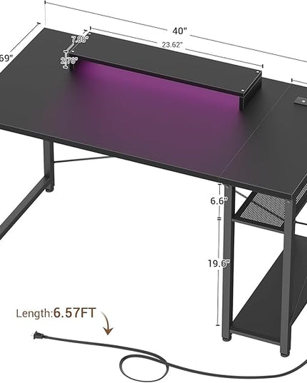 armocity Computer Desk with LED Lights, Gaming Desk with Power Outlet and USB, 40 Reversible Laptop Table with Moveable Monitor Stand, Small Desk for Small Spaces, Office, Gaming Room, Black - LeafyLoom