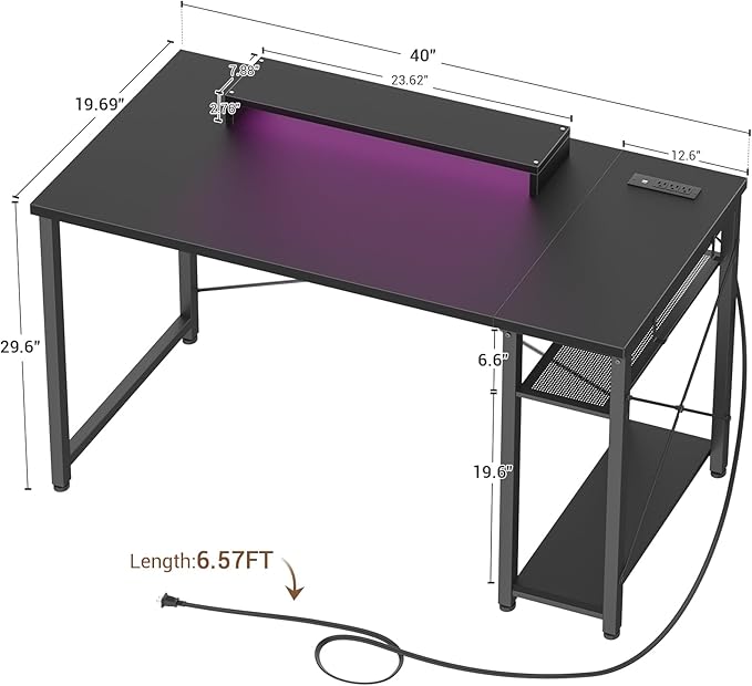 armocity Computer Desk with LED Lights, Gaming Desk with Power Outlet and USB, 40 Reversible Laptop Table with Moveable Monitor Stand, Small Desk for Small Spaces, Office, Gaming Room, Black - LeafyLoom