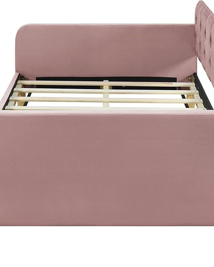 Twin Size Velvet Upholstered Dayed with 4 Support Legs,Multifunction Solid Wood Bed Frame,W/Backrest and Armrests,No Box Spring Needed,for Living Room Dormitory Apartment,Pink - LeafyLoom