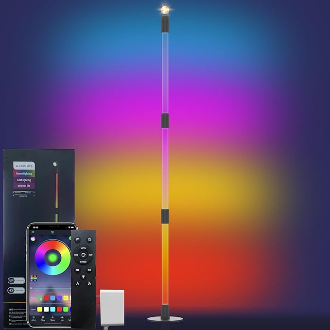 Music Sync Corner Floor Lamp with App/Remote Control, 53" RGB+IC+Warm White LED Corner Lamp for Reading, Gaming, LED Floor Lamp with Timer, Color Changing Corner Light for Bedroom - LeafyLoom