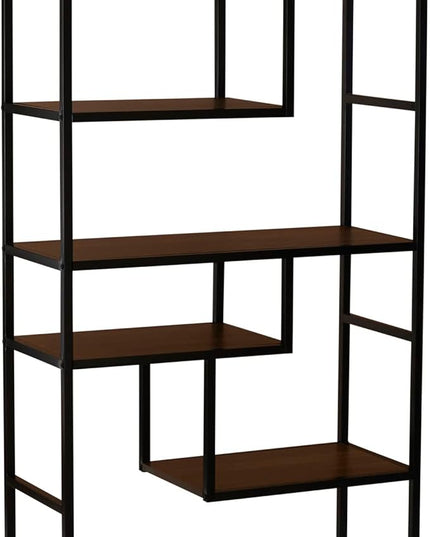 Household Essentials Jamestown Tall 6 Shelf Open Storage Bookshelf Mid Century Walnut Wood Grain and Black Metal - LeafyLoom