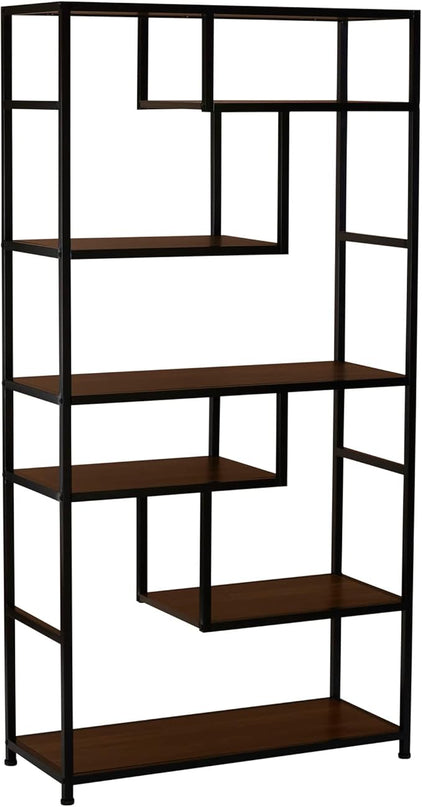 Household Essentials Jamestown Tall 6 Shelf Open Storage Bookshelf Mid Century Walnut Wood Grain and Black Metal - LeafyLoom