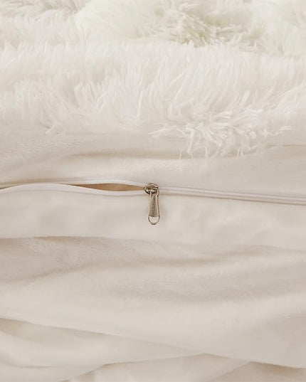 FOPPA Luxury Faux Fur Comforter Cover Set Ultra Soft Plush Bedding Sets 3 Pieces (1 Faux Fur Duvet Cover + 2 Faux Fur Pillow case) Zipper (White, Queen) - LeafyLoom