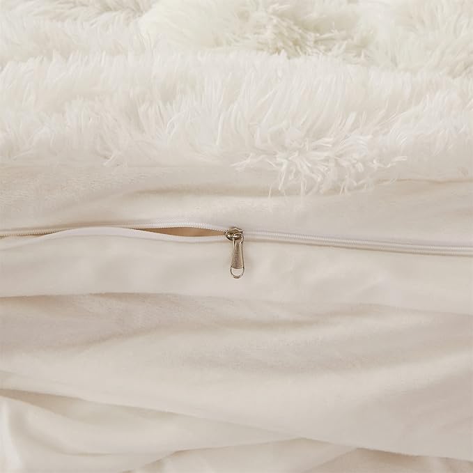 FOPPA Luxury Faux Fur Comforter Cover Set Ultra Soft Plush Bedding Sets 3 Pieces (1 Faux Fur Duvet Cover + 2 Faux Fur Pillow case) Zipper (White, Queen) - LeafyLoom