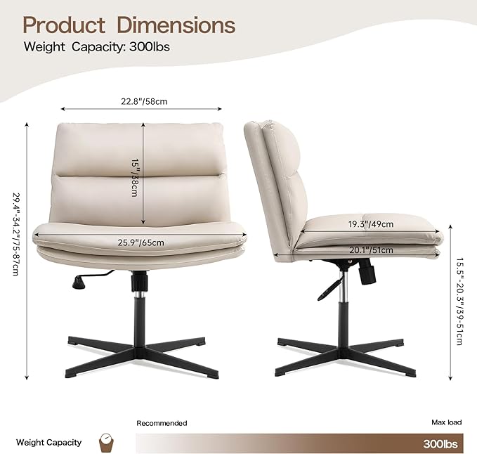 EMIAH Armless Office Desk Chair No Wheels PU-Padded Vanity Mid-Back Ergonomic Home Computer Comfortable Adjustable Swivel Task Chair with Thickened Cushion - LeafyLoom