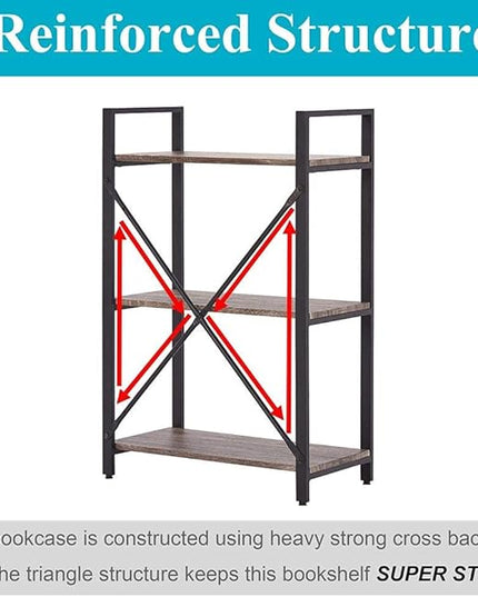 BON AUGURE 3 Tier Bookshelf, Small Rustic Book shelf, Short Industrial Wood Metal Standing Bookcase Etagere for Office, Bedroom and Living Room (Dark Gray Oak) - LeafyLoom