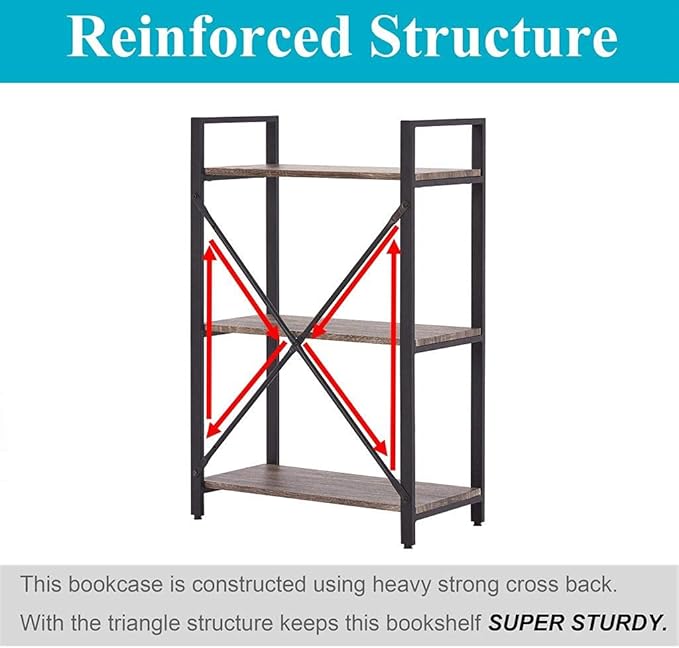 BON AUGURE 3 Tier Bookshelf, Small Rustic Book shelf, Short Industrial Wood Metal Standing Bookcase Etagere for Office, Bedroom and Living Room (Dark Gray Oak) - LeafyLoom
