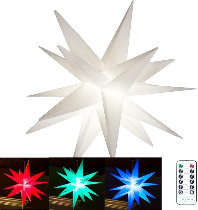 Elf Logic Large 18" Easy Assembly, Remote Controlled, Color Changing, Hanging LED Moravian Star Light. Use as Holiday Decoration, Porch Light, Advent Star, Wedding and Ballroom Venue Decor - LeafyLoom