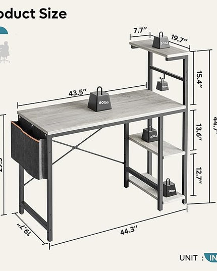 Bestier Computer Desk with 4 Tiers Shelves, Gaming Desk with LED lights, 44 Inch Office Desk with Storage Bag & Printer Shelf (Retro Grey Oak) - LeafyLoom