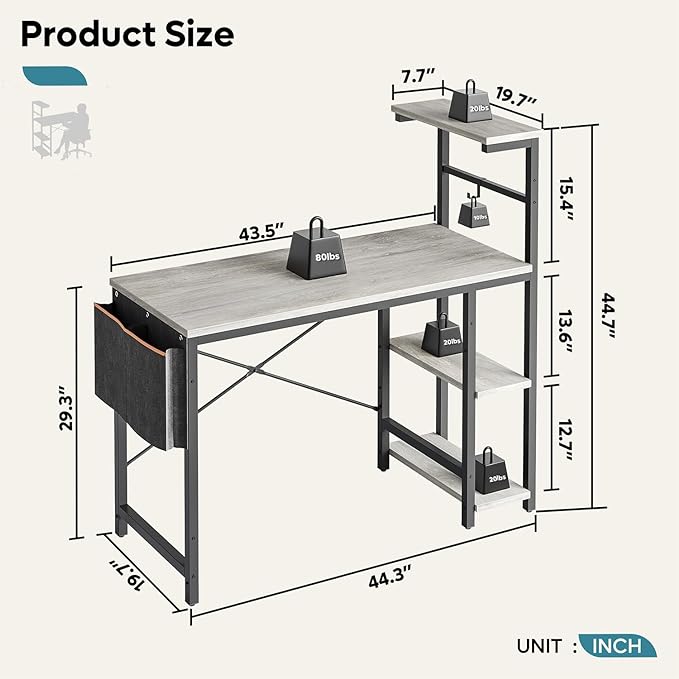 Bestier Computer Desk with 4 Tiers Shelves, Gaming Desk with LED lights, 44 Inch Office Desk with Storage Bag & Printer Shelf (Retro Grey Oak) - LeafyLoom