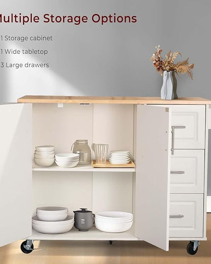 54" Rolling Kitchen Island Cart with Storage, Large Kitchen Cart Cabinet with Folding Drop Leaf Breakfast Bar, Wood Island Table for Kitchen with 3 Drawers and Spice Rack & Towel Rack, White - LeafyLoom