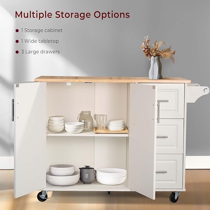 54" Rolling Kitchen Island Cart with Storage, Large Kitchen Cart Cabinet with Folding Drop Leaf Breakfast Bar, Wood Island Table for Kitchen with 3 Drawers and Spice Rack & Towel Rack, White - LeafyLoom