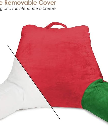Clara Clark Reading Pillow for Kids, Small Back Pillow for Sitting Up in Bed, Memory Foam Back Support Pillow, Reading Pillows for Sitting in Bed, Holiday Color Gaming Pillow with Arms and Pockets - LeafyLoom