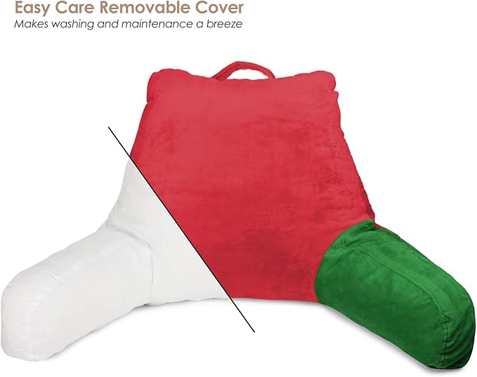 Clara Clark Reading Pillow for Kids, Small Back Pillow for Sitting Up in Bed, Memory Foam Back Support Pillow, Reading Pillows for Sitting in Bed, Holiday Color Gaming Pillow with Arms and Pockets - LeafyLoom