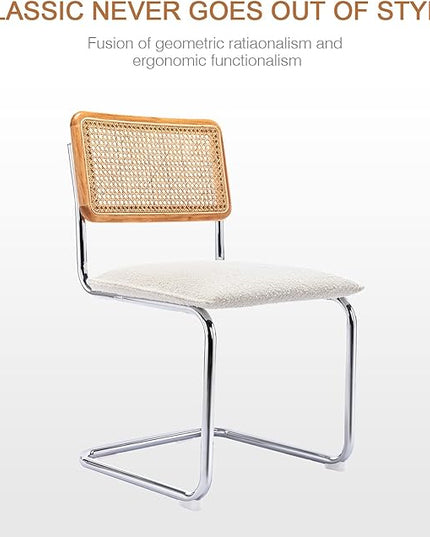 Zesthouse Mid Century Modern Dining Chairs Set of 2, Upholstered Boucle Kitchen Chairs, Famous Breuer Designed Chairs, Armless Accent Chairs with Natural Cane Back & Stainless Chrome Base - LeafyLoom