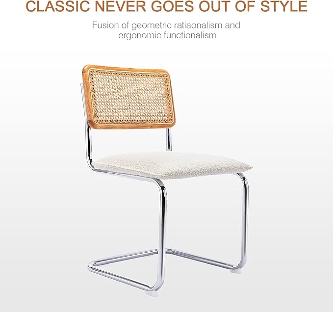 Zesthouse Mid Century Modern Dining Chairs Set of 2, Upholstered Boucle Kitchen Chairs, Famous Breuer Designed Chairs, Armless Accent Chairs with Natural Cane Back & Stainless Chrome Base - LeafyLoom