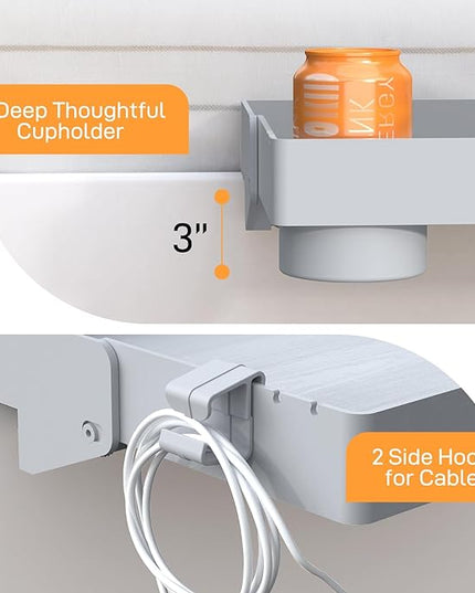 SPACELEAD Bedside Shelf for Bed – College Dorm Room Clip On Nightstand with Cup Holder & Cord Holder -Tray Table Caddy for Students – Bunk Bed Shelf for Organizer Top for Bedroom (grey，Plastic) - LeafyLoom