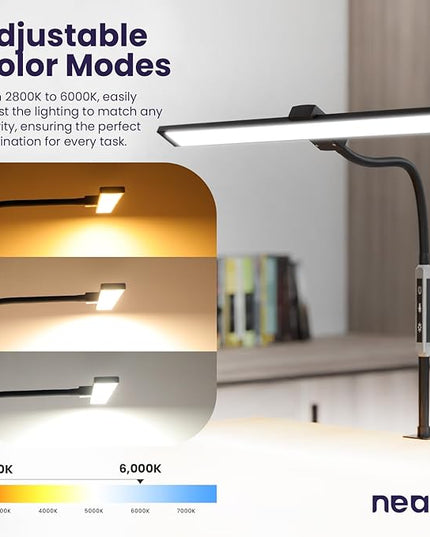 Neatfi Modern Desk Lamp with Clamp, Touch & Remote Controlled, 15W, Adjustable Color Temperature (3000K-6000K), Stepless Dimming, Flicker-Free, Wide-Angle Lighting for Home (Gooseneck, Black) - LeafyLoom