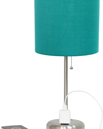 Simple Designs LT1144-TEL Sleek and Slender Brushed Steel Table Lamp with Charging Outlet, for Bedroom, Living Room, Entryway, Office, Dining Room, Study, Teal Shade - LeafyLoom