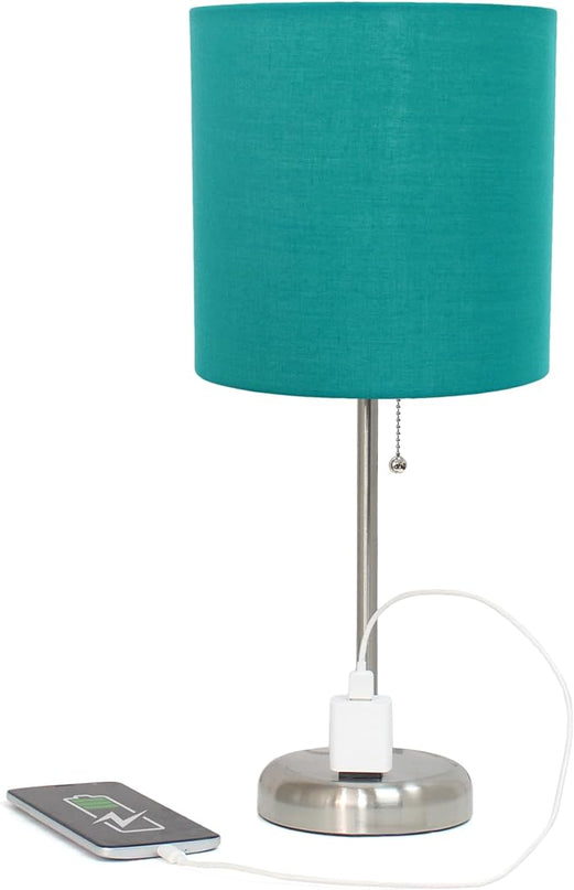 Simple Designs LT1144-TEL Sleek and Slender Brushed Steel Table Lamp with Charging Outlet, for Bedroom, Living Room, Entryway, Office, Dining Room, Study, Teal Shade - LeafyLoom