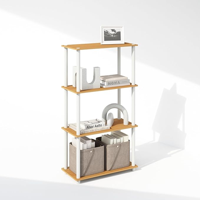 Furinno Turn-N-Tube 4-Tier Multipurpose Shelf Display Rack, Shelving Unit, Bookcase, Beech/White - LeafyLoom