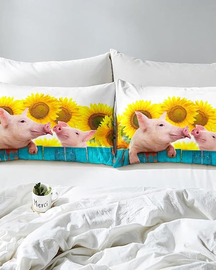 Pig Comforter Set Queen Sunflower Bedding Set For Kids Boys Girls Farmhouse Animals Duvet Set Funny Cute Pig Quilt Set Rustic Country Plant Floral Comforter Set Turquoise Wooden Comforter Set - LeafyLoom