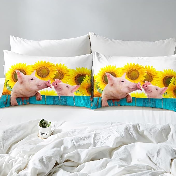Pig Comforter Set Full Sunflower Bedding Set For Kids Boys Girls Farmhouse Animals Duvet Set Funny Cute Pig Quilt Set Rustic Country Plant Floral Comforter Set Turquoise Wooden Comforter Set - LeafyLoom
