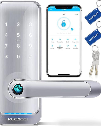 Keypad Smart Door Lock with Handle: Kucacci Keyless Entry Smart Lock for Front Door - Electronic Code for Exterior Door - Retrofit Knob Deadbolt Lock(Silver) KeylessLockforSmartHome