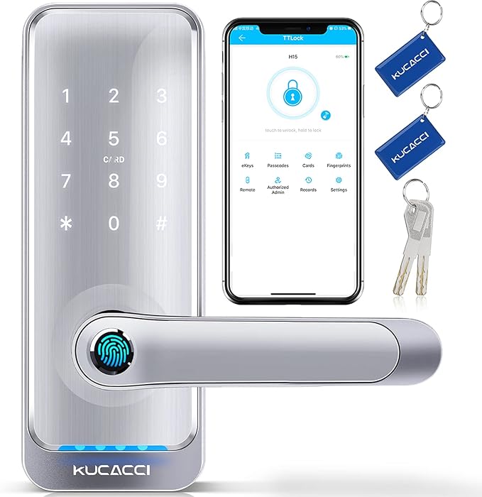 Keypad Smart Door Lock with Handle: Kucacci Keyless Entry Smart Lock for Front Door - Electronic Code for Exterior Door - Retrofit Knob Deadbolt Lock(Silver) KeylessLockforSmartHome