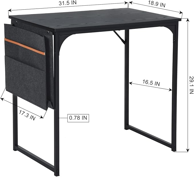 FurnitureR 31.5 inch Small Study Writing Table with Storage Bag Space Saving for Home Office, Modern PC Metal Frame Computer Desk, Black - LeafyLoom