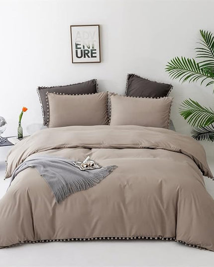 Deep Champagne Comforter Set Full Pom Pom Fringe Comforter 3 PCs Soft Taupe Boho Ball Pom Pom Full Comforter Bedding Women Men Solid Dark Khaki Full Bed Comforter Set All Season Gift - LeafyLoom