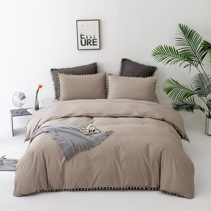 Deep Champagne Comforter Set Full Pom Pom Fringe Comforter 3 PCs Soft Taupe Boho Ball Pom Pom Full Comforter Bedding Women Men Solid Dark Khaki Full Bed Comforter Set All Season Gift - LeafyLoom