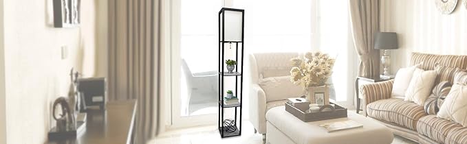 Simple Designs LF1014-BLK 62.5" Modern Etagere Organizer Storage 3 Shelf Floor Lamp with White Linen Fabric Shade for Home Décor, Office, Study, Bedroom, Living Room, Dining Room, Black - LeafyLoom