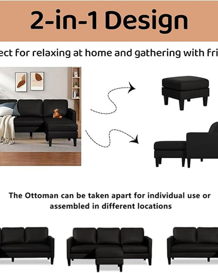 L-Shaped Sectional Modern Sofa - Leather Convertible Sofa Sleeper Sofa Bed Couch Set with Reversible Chaise, Lounge Sofa for Living Room Apartment Small Space (Leather Black) - LeafyLoom