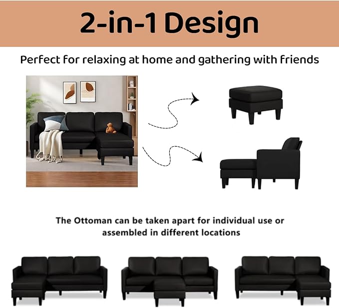 L-Shaped Sectional Modern Sofa - Leather Convertible Sofa Sleeper Sofa Bed Couch Set with Reversible Chaise, Lounge Sofa for Living Room Apartment Small Space (Leather Black) - LeafyLoom