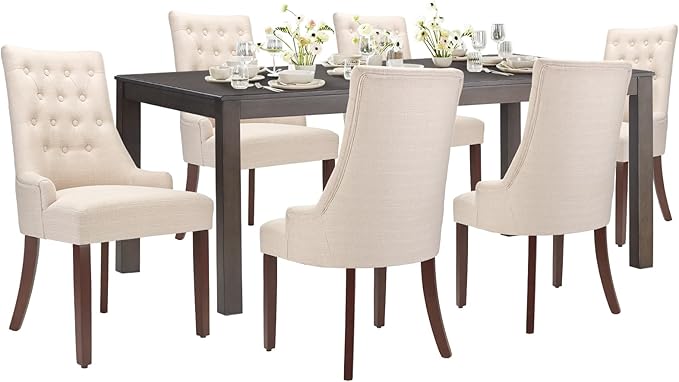 COLAMY 7-Piece Dining Table Set for 6, 60" Kitchen Wood Table with 6 Wingback Dining Room Chairs, Brown/Beige - LeafyLoom