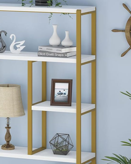 LVB Gold Book Shelf Organizer, Large Tall 6 Tier Bookshelves Storage, Big Modern Metal Wooden 6 Shelf Bookcase, Farmhouse Open Display Vertical Bookshelf for Bedroom Living Room Office, White and Gold - LeafyLoom